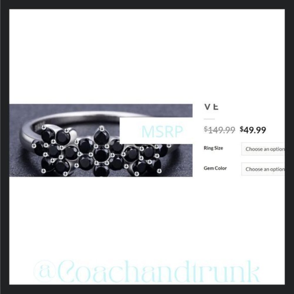 925 Sterling Silver Black Spinel Prong Set 3 Flower Band Ring Size 6 NWT - Picture 4 of 5